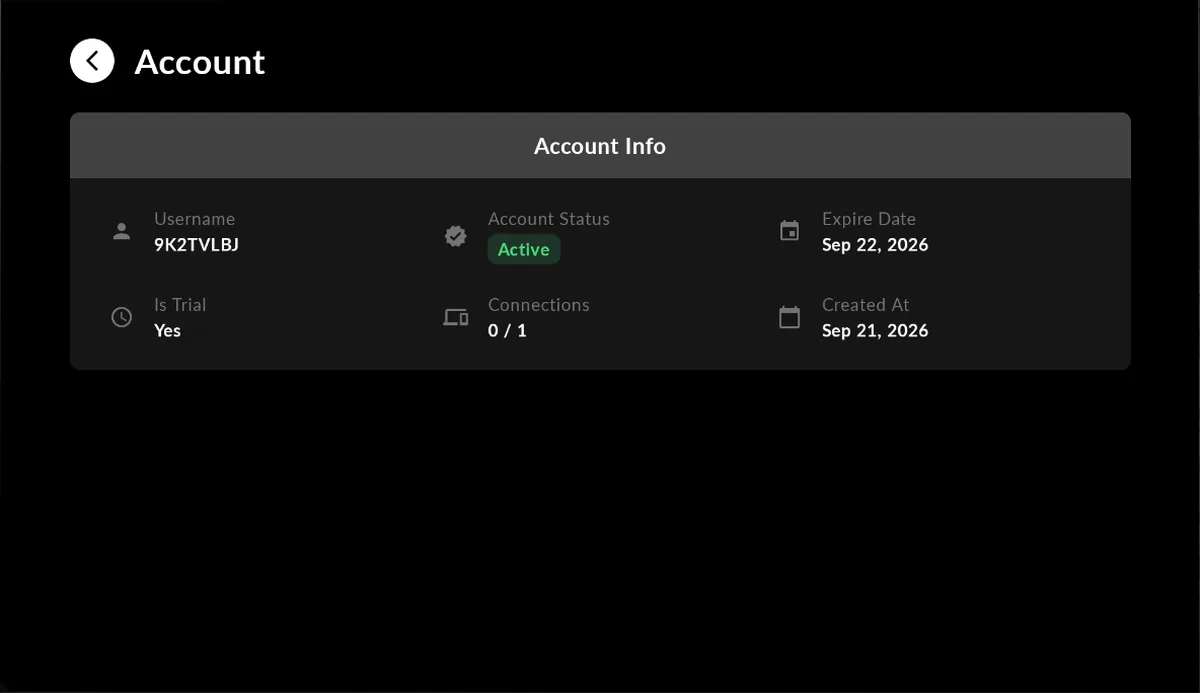 RolloTV account screen showing status, expiry date and connections in use