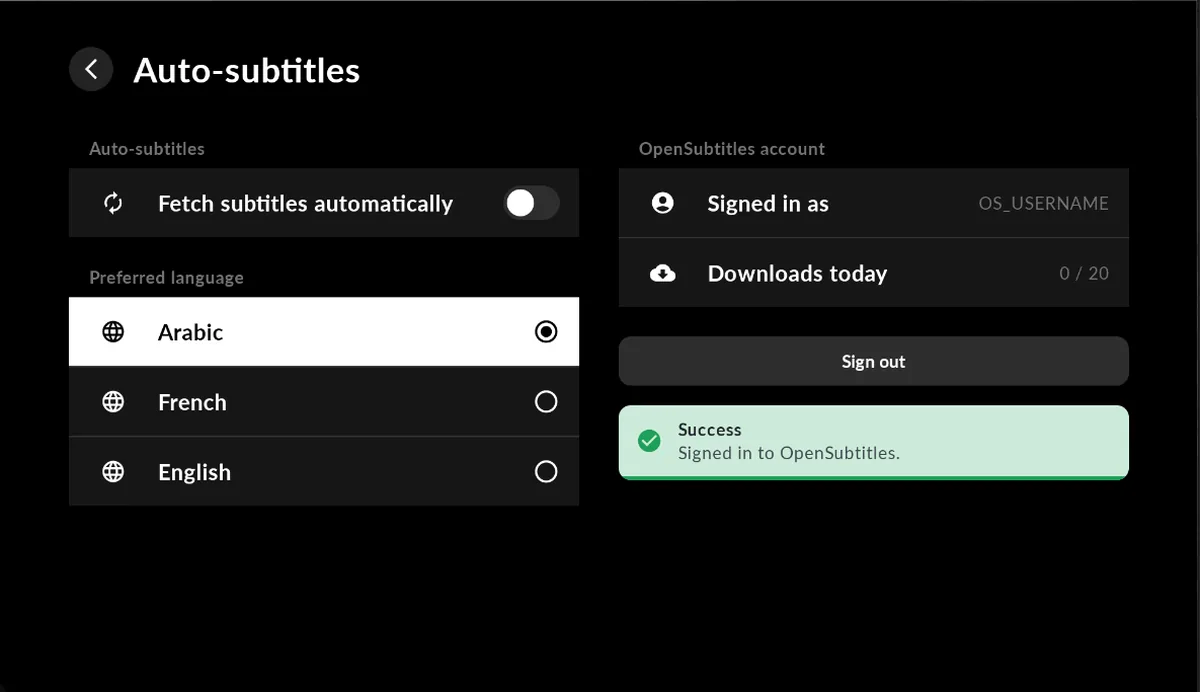 RolloTV auto-subtitles settings with preferred language and OpenSubtitles account
