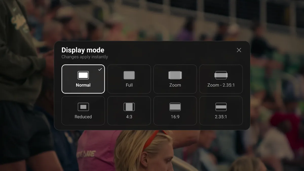 RolloTV display mode options: Normal, Full, Zoom, Reduced, 4:3, 16:9 and 2.35:1