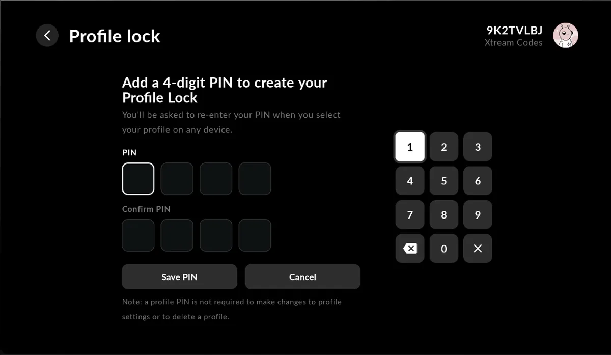 RolloTV profile lock screen for creating a four digit PIN